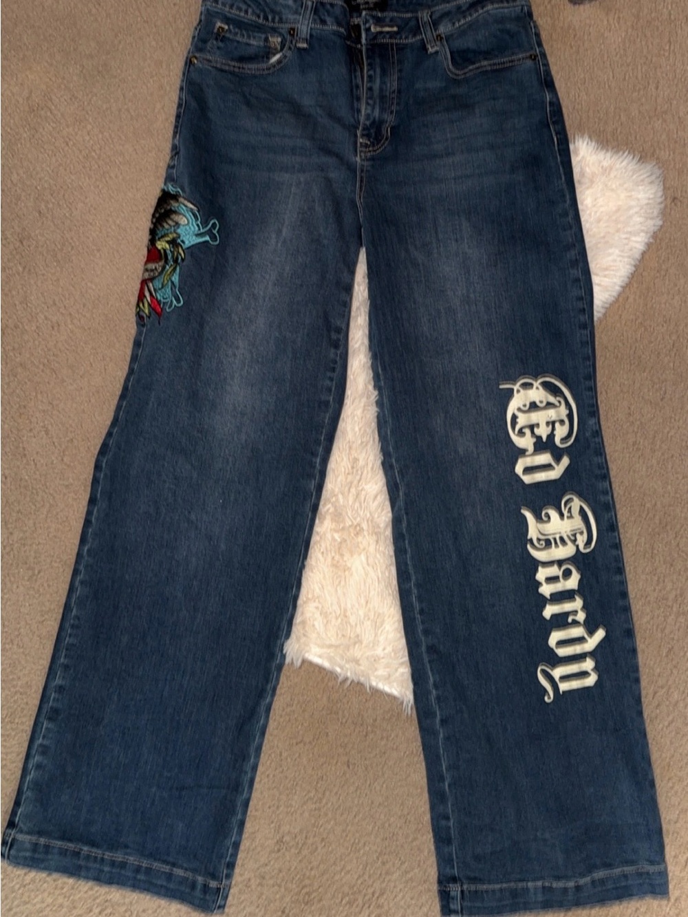 Ed Hardy Dark Blue Wide-Leg Jeans with Graphic Script and Embroidered Skull